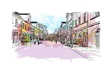 Print Building view with landmark of Potsdam is the city in Germany. Watercolor splash with hand drawn sketch illustration in vector.