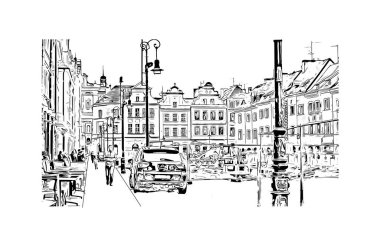 Print Building view with landmark of Poznan is the city in Poland. Hand drawn sketch illustration in vector.