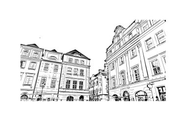 Print Building view with landmark of Poznan is the city in Poland. Hand drawn sketch illustration in vector.