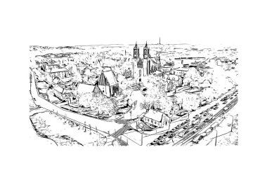 Print Building view with landmark of Poznan is the city in Poland. Hand drawn sketch illustration in vector.