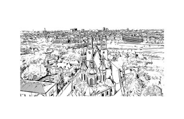 Print Building view with landmark of Poznan is the city in Poland. Hand drawn sketch illustration in vector.