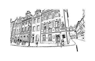 Print Building view with landmark of Poznan is the city in Poland. Hand drawn sketch illustration in vector.