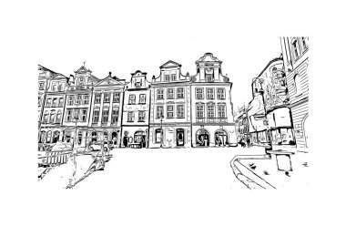 Print Building view with landmark of Poznan is the city in Poland. Hand drawn sketch illustration in vector.