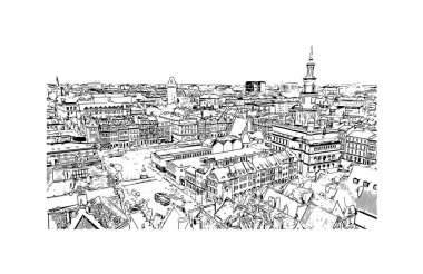 Print Building view with landmark of Poznan is the city in Poland. Hand drawn sketch illustration in vector.