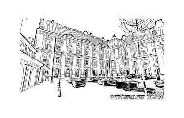 Print Building view with landmark of Poznan is the city in Poland.Hand drawn sketch illustration in vector.
