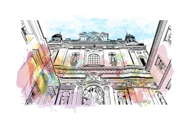 Print Building view with landmark of Poznan is the city in Poland.Watercolor splash with hand drawn sketch illustration in vector.