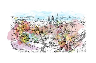 Print Building view with landmark of Poznan is the city in Poland.Watercolor splash with hand drawn sketch illustration in vector.