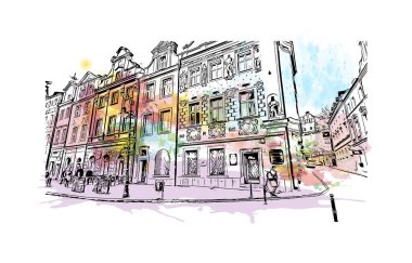 Print Building view with landmark of Poznan is the city in Poland.Watercolor splash with hand drawn sketch illustration in vector.