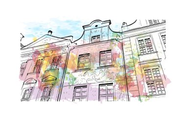 Print Building view with landmark of Poznan is the city in Poland.Watercolor splash with hand drawn sketch illustration in vector.