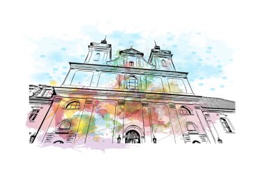 Print Building view with landmark of Poznan is the city in Poland.Watercolor splash with hand drawn sketch illustration in vector.