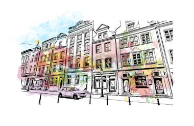 Print Building view with landmark of Poznan is the city in Poland.Watercolor splash with hand drawn sketch illustration in vector.