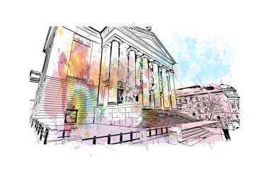Print Building view with landmark of Poznan is thecity in Poland.Watercolor splash with hand drawn sketch illustration in vector.
