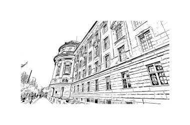 Print Building view with landmark of Poznan is the city in Poland. Hand drawn sketch illustration in vector.