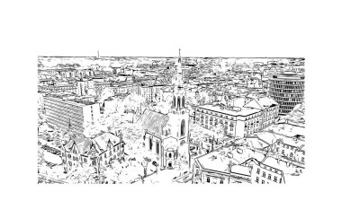 Print Building view with landmark of Poznan is the city in Poland. Hand drawn sketch illustration in vector.