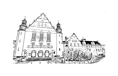 Print Building view with landmark of Poznan is the city in Poland. Hand drawn sketch illustration in vector.