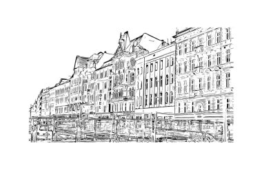 Print Building view with landmark of Poznan is the city in Poland. Hand drawn sketch illustration in vector.
