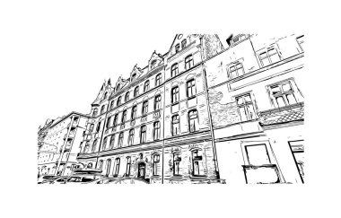 Print Building view with landmark of Poznan is the city in Poland. Hand drawn sketch illustration in vector.