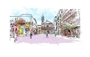 Print Building view with landmark of Pozzuoli is the city in Italy. Watercolor splash with hand drawn sketch illustration in vector.