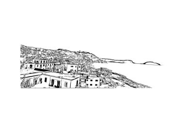 Print Building view with landmark of Pozzuoli is the city in Italy. Hand drawn sketch illustration in vector.