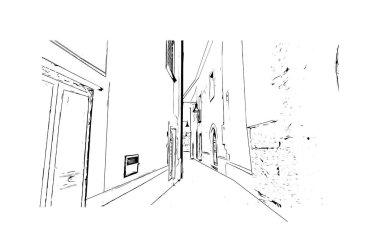 Print Building view with landmark of Pozzuoli is the city in Italy. Hand drawn sketch illustration in vector.