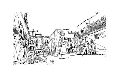 Print Building view with landmark of Pozzuoli is the city in Italy. Hand drawn sketch illustration in vector.