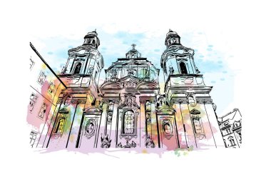 Print Building view with landmark of Prague is the capital of the Czech Republic. Watercolor splash with hand drawn sketch illustration in vector.