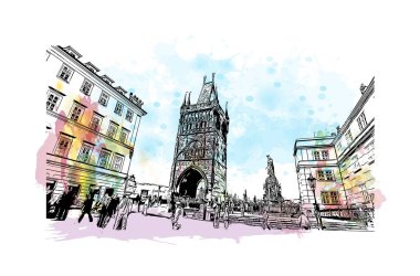Print Building view with landmark of Prague is the capital of the Czech Republic. Watercolor splash with hand drawn sketch illustration in vector.