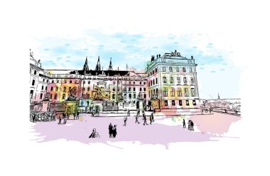 Print Building view with landmark of Prague is the capital of the Czech Republic. Hand drawn sketch illustration in vector.