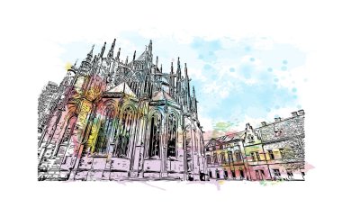 Print Building view with landmark of Prague is the capital of the Czech Republic. Hand drawn sketch illustration in vector.