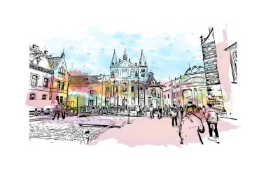 Print Building view with landmark of Prague is the capital of the Czech Republic. Hand drawn sketch illustration in vector.