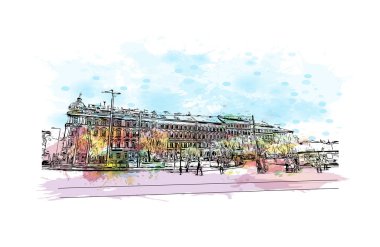 Print Building view with landmark of Prague is the capital of the Czech Republic. Hand drawn sketch illustration in vector.