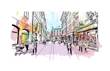 Print Building view with landmark of Prague is the capital of the Czech Republic. Watercolor splash with hand drawn sketch illustration in vector.