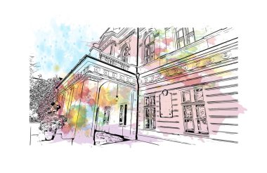 Print Building view with landmark of Prague is the capital of the Czech Republic. Watercolor splash with hand drawn sketch illustration in vector.