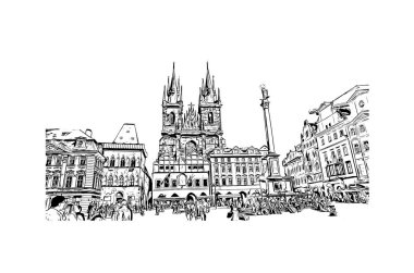 Print Building view with landmark of Prague is the capital of the Czech Republic. Hand drawn sketch illustration in vector.