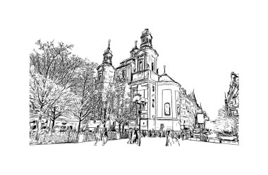 Print Building view with landmark of Prague is the capital of the Czech Republic. Hand drawn sketch illustration in vector.