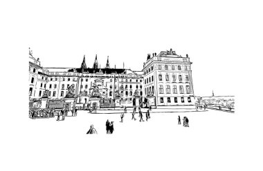 Print Building view with landmark of Prague is the capital of the Czech Republic. Hand drawn sketch illustration in vector.