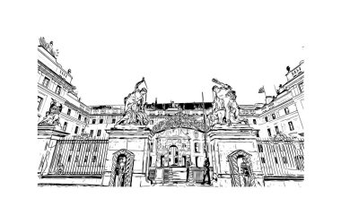 Print Building view with landmark of Prague is the capital of the Czech Republic. Hand drawn sketch illustration in vector.