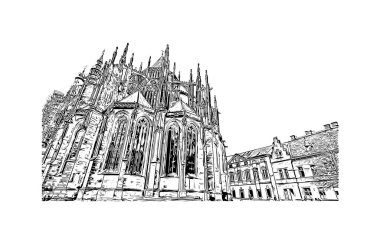 Print Building view with landmark of Prague is the capital of the Czech Republic. Hand drawn sketch illustration in vector.