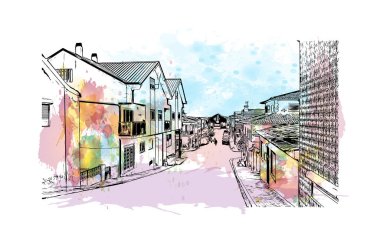 Print Building view with landmark of Praia is the capital of Cape Verde. Watercolor splash with hand drawn sketch  illustration in vector.