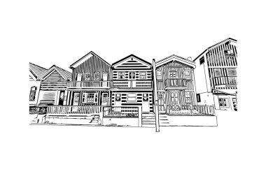 Print Building view with landmark of Praia is the capital of Cape Verde. Hand drawn sketch  illustration in vector.