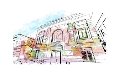 Print Building view with landmark of Prescott is a city in central Arizona. Watercolor splash with hand drawn sketch illustration in vector