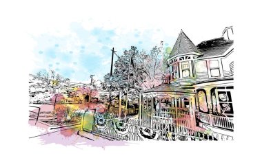 Print Building view with landmark of Prescott is a city in central Arizona. Watercolor splash with hand drawn sketch illustration in vector