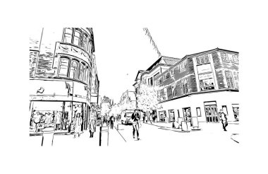Print Building view with landmark of Preston is the city in England. Hand drawn sketch illustration in vector.