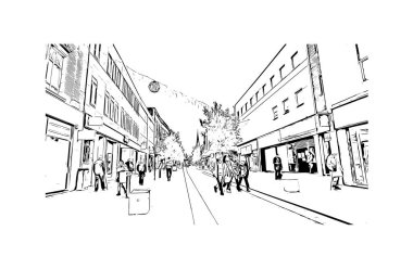 Print Building view with landmark of Preston is the city in England. Hand drawn sketch illustration in vector.