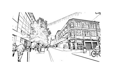 Print Building view with landmark of Preston is the city in England. Hand drawn sketch illustration in vector.