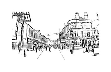 Print Building view with landmark of Preston is the city in England. Hand drawn sketch illustration in vector.