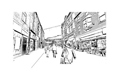 Print Building view with landmark of Preston is the city in England. Hand drawn sketch illustration in vector.