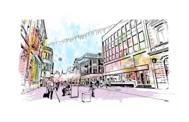 Print Building view with landmark of Preston is the city in England. Watercolor splash with hand drawn sketch illustration in vector.