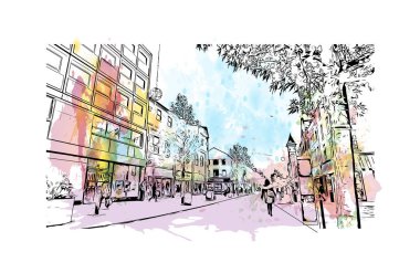 Print Building view with landmark of Preston is the city in England. Watercolor splash with hand drawn sketch illustration in vector.