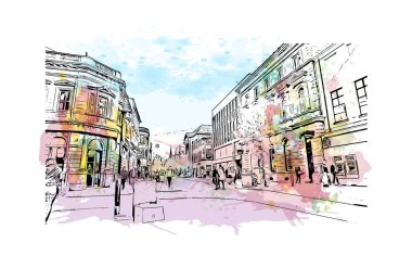 Print Building view with landmark of Preston is the city in England. Watercolor splash with hand drawn sketch illustration in vector.